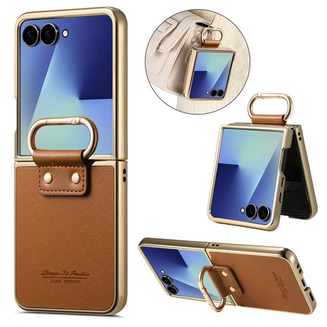 For Samsung Galaxy Z Flip7 5G Case Electroplating Leather Coated PC Phone Cover with Spring Ring Buckle Kickstand