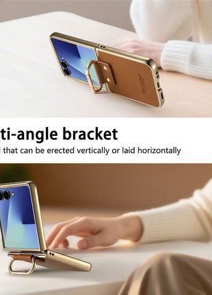 For Samsung Galaxy Z Flip7 5G Case Electroplating Leather Coated PC Phone Cover with Spring Ring Buckle Kickstand