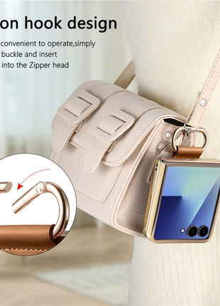 For Samsung Galaxy Z Flip7 5G Case Electroplating Leather Coated PC Phone Cover with Spring Ring Buckle Kickstand