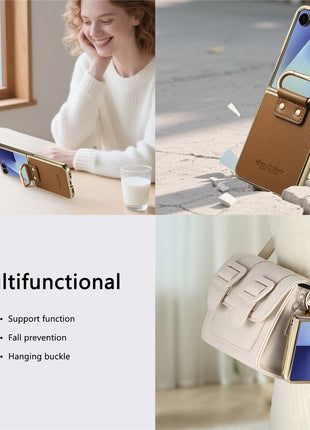 For Samsung Galaxy Z Flip7 5G Case Electroplating Leather Coated PC Phone Cover with Spring Ring Buckle Kickstand