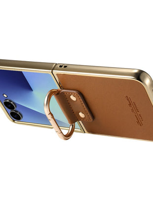 For Samsung Galaxy Z Flip7 5G Case Electroplating Leather Coated PC Phone Cover with Spring Ring Buckle Kickstand