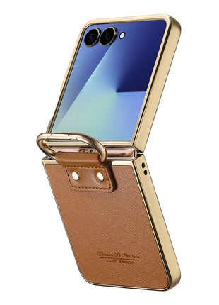 For Samsung Galaxy Z Flip7 5G Case Electroplating Leather Coated PC Phone Cover with Spring Ring Buckle Kickstand