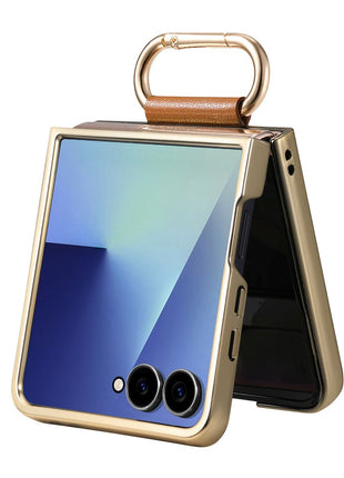For Samsung Galaxy Z Flip7 5G Case Electroplating Leather Coated PC Phone Cover with Spring Ring Buckle Kickstand