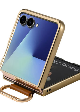 For Samsung Galaxy Z Flip7 5G Case Electroplating Leather Coated PC Phone Cover with Spring Ring Buckle Kickstand