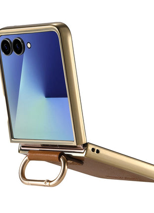 For Samsung Galaxy Z Flip7 5G Case Electroplating Leather Coated PC Phone Cover with Spring Ring Buckle Kickstand