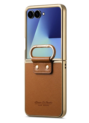 For Samsung Galaxy Z Flip7 5G Case Electroplating Leather Coated PC Phone Cover with Spring Ring Buckle Kickstand