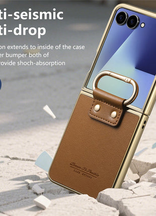 For Samsung Galaxy Z Flip7 5G Case Electroplating Leather Coated PC Phone Cover with Spring Ring Buckle Kickstand