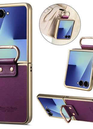 For Samsung Galaxy Z Flip7 5G Case Electroplating Leather Coated PC Phone Cover with Spring Ring Buckle Kickstand