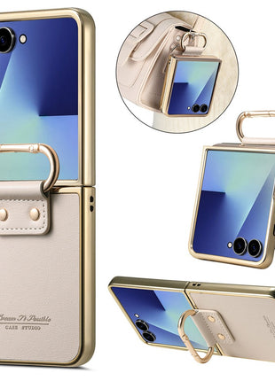 For Samsung Galaxy Z Flip7 5G Case Electroplating Leather Coated PC Phone Cover with Spring Ring Buckle Kickstand