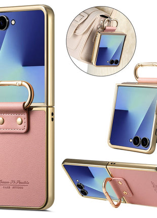 For Samsung Galaxy Z Flip7 5G Case Electroplating Leather Coated PC Phone Cover with Spring Ring Buckle Kickstand