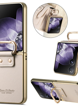 For Xiaomi Mix Flip 5G Case Electroplating Leather Coated PC Phone Cover with Spring Ring Buckle Kickstand