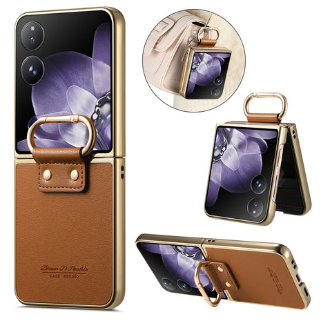 For Xiaomi Mix Flip 5G Case Electroplating Leather Coated PC Phone Cover with Spring Ring Buckle Kickstand