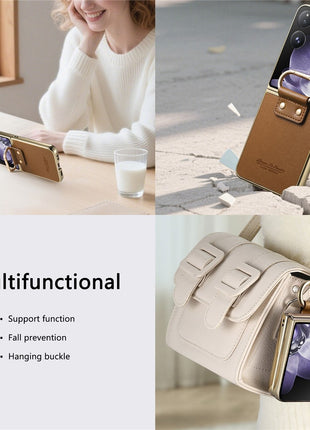 For Xiaomi Mix Flip 5G Case Electroplating Leather Coated PC Phone Cover with Spring Ring Buckle Kickstand