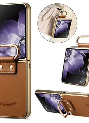 For Xiaomi Mix Flip 5G Case Electroplating Leather Coated PC Phone Cover with Spring Ring Buckle Kickstand
