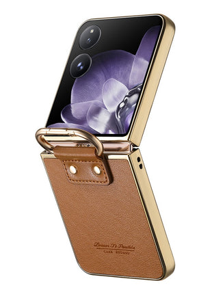 For Xiaomi Mix Flip 5G Case Electroplating Leather Coated PC Phone Cover with Spring Ring Buckle Kickstand