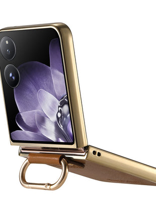 For Xiaomi Mix Flip 5G Case Electroplating Leather Coated PC Phone Cover with Spring Ring Buckle Kickstand