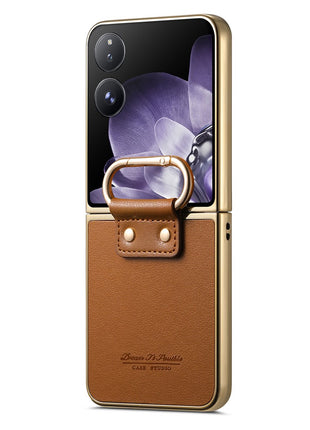 For Xiaomi Mix Flip 5G Case Electroplating Leather Coated PC Phone Cover with Spring Ring Buckle Kickstand