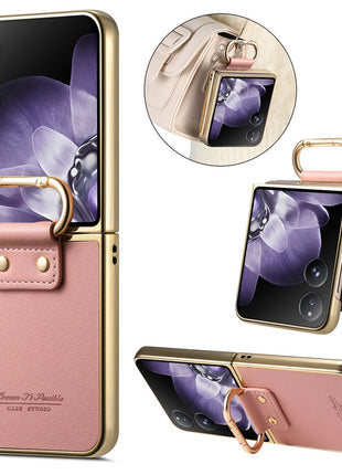 For Xiaomi Mix Flip 5G Case Electroplating Leather Coated PC Phone Cover with Spring Ring Buckle Kickstand