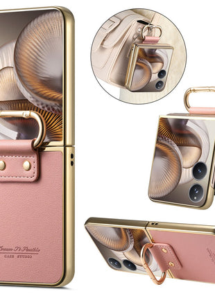 For Xiaomi Mix Flip 2 Case Electroplating Leather Coated PC Phone Cover with Spring Ring Buckle Kickstand