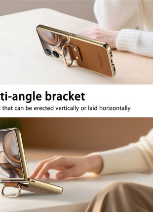 For Xiaomi Mix Flip 2 Case Electroplating Leather Coated PC Phone Cover with Spring Ring Buckle Kickstand