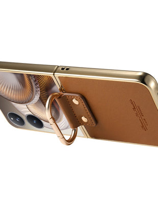 For Xiaomi Mix Flip 2 Case Electroplating Leather Coated PC Phone Cover with Spring Ring Buckle Kickstand