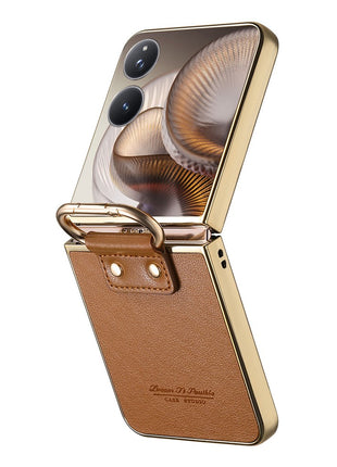 For Xiaomi Mix Flip 2 Case Electroplating Leather Coated PC Phone Cover with Spring Ring Buckle Kickstand