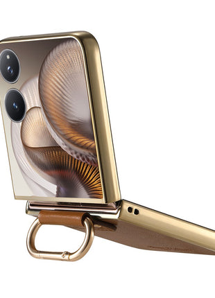 For Xiaomi Mix Flip 2 Case Electroplating Leather Coated PC Phone Cover with Spring Ring Buckle Kickstand