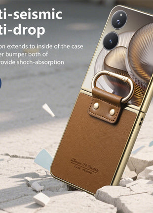 For Xiaomi Mix Flip 2 Case Electroplating Leather Coated PC Phone Cover with Spring Ring Buckle Kickstand