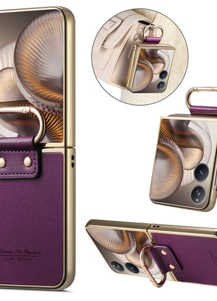 For Xiaomi Mix Flip 2 Case Electroplating Leather Coated PC Phone Cover with Spring Ring Buckle Kickstand