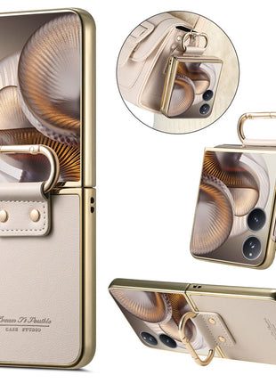 For Xiaomi Mix Flip 2 Case Electroplating Leather Coated PC Phone Cover with Spring Ring Buckle Kickstand