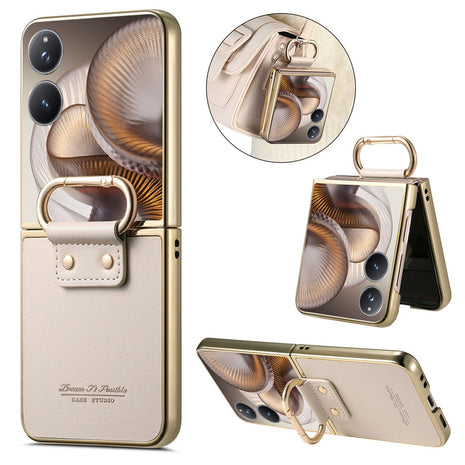 For Xiaomi Mix Flip 2 Case Electroplating Leather Coated PC Phone Cover with Spring Ring Buckle Kickstand
