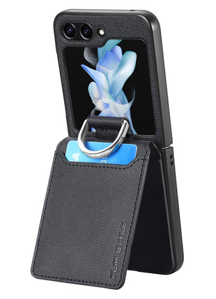 For Samsung Galaxy Z Flip5 5G Litchi Texture PU Leather+PC Phone Case Card Slot Kickstand Cover with Finger Ring