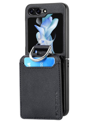 For Samsung Galaxy Z Flip5 5G Litchi Texture PU Leather+PC Phone Case Card Slot Kickstand Cover with Finger Ring