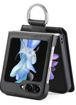 For Samsung Galaxy Z Flip5 5G Litchi Texture PU Leather+PC Phone Case Card Slot Kickstand Cover with Finger Ring