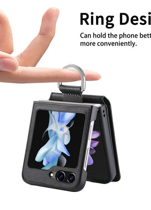 For Samsung Galaxy Z Flip5 5G Litchi Texture PU Leather+PC Phone Case Card Slot Kickstand Cover with Finger Ring