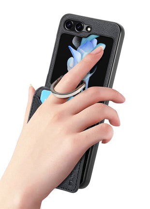 For Samsung Galaxy Z Flip5 5G Litchi Texture PU Leather+PC Phone Case Card Slot Kickstand Cover with Finger Ring