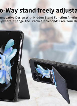 For Samsung Galaxy Z Flip5 5G Litchi Texture PU Leather+PC Phone Case Card Slot Kickstand Cover with Finger Ring
