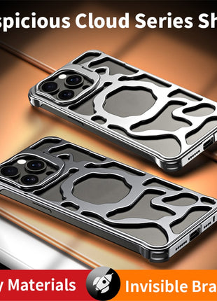 Auspicious Cloud Series For iPhone 13 Magnetic Case Aluminum Alloy Hollow Kickstand Phone Cover