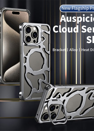 Auspicious Cloud Series For iPhone 13 Magnetic Case Aluminum Alloy Hollow Kickstand Phone Cover