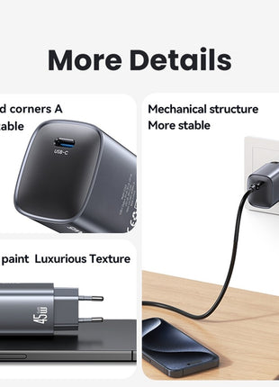 USAMS T66 45W GaN Fast Charger Portable Power Adapter for Phone / Tablet / Laptop, EU Plug