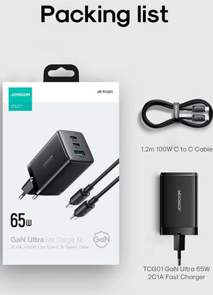 JOYROOM TCG01 GaN Ultra 65W 3-Port Fast Charger Set with 1.2m 100W Type-C Cable for iPhone 16-15 Series Mini Wall Charger (EU Plug)