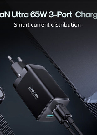 JOYROOM TCG01 GaN Ultra 65W 3-Port Fast Charger Set with 1.2m 100W Type-C Cable for iPhone 16-15 Series Mini Wall Charger (EU Plug)